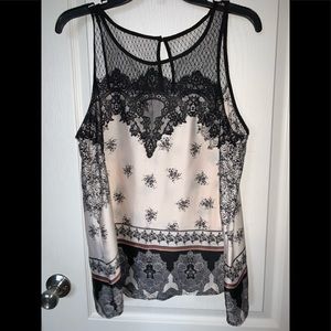NWOT cream and black mesh tank top blouse